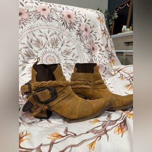 Junk Gypsy Mustard Brown Suede Braided Strap Ankle Booties